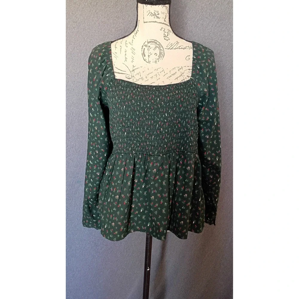 Old Navy Green Ditsy Floral Square Neck Babydoll Top XXL LongSleeve Boho Smocked